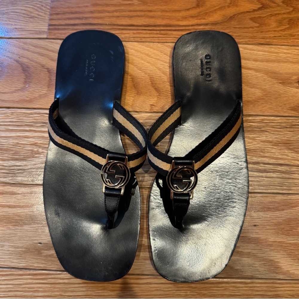 Gucci Black and Tan Striped Sandals